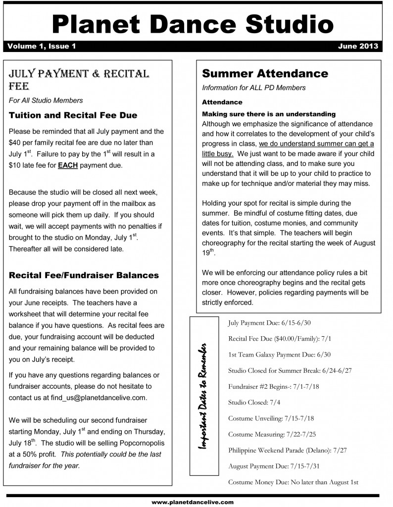 Planet Dance Studio Newsletter June